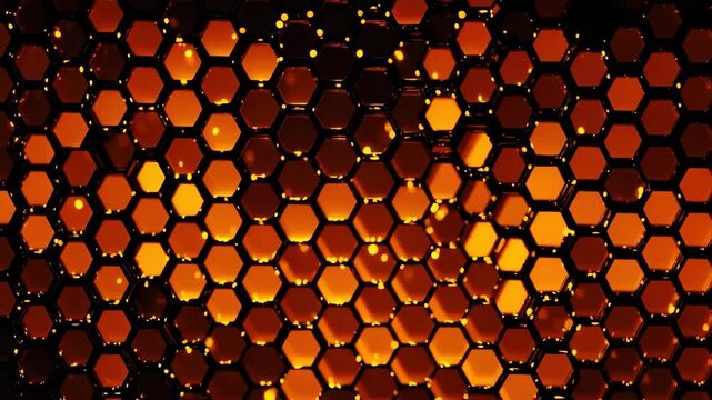 Glowing honeycomb hexagon pattern abstract glowing orange black reflective texture futuristic. warm orange light, amber lighting, reflective hexagon cells create metallic depth, floating sparks