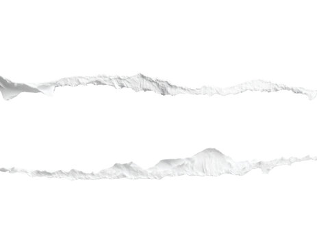 Zoomed-in vertical perspective of torn white paper, showing detailed fibers and tex transparent background