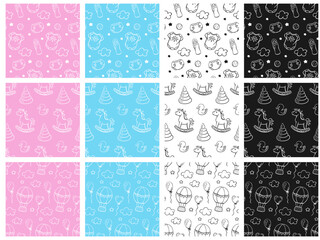 set of baby seamless patterns , repeatable seamless designs in pink, blue, white and black colors