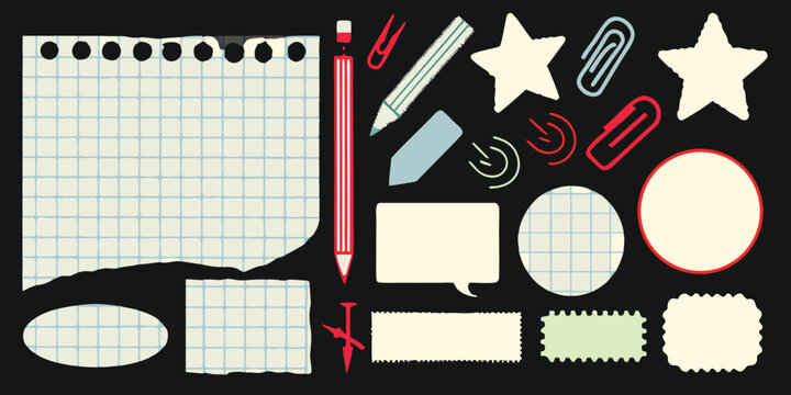 Stationery elements including pencil paper pushpin and various office supplies