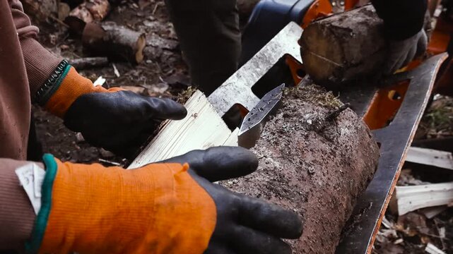 Close-up of gloved hands placing logs into a wood splitter as a metal wedge splits wood into firewood pieces outdoors.