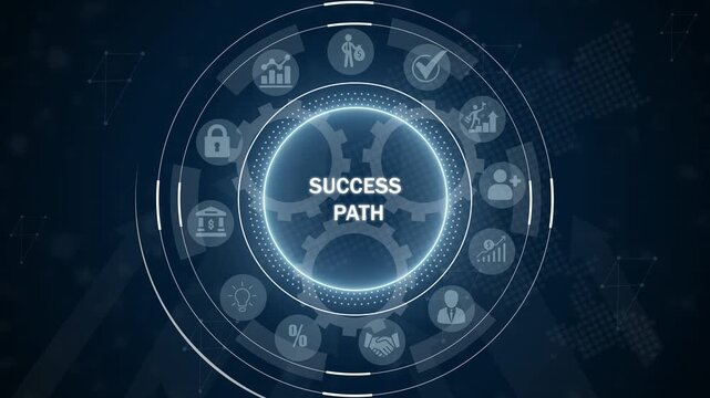 Digital circular interface with glowing neon blue accents displaying SUCESPATH' in the center surrounded by business and technology on a dark blue abstract background with network