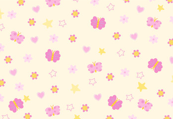 Fototapeta premium Various flower pattern, hearts, butterfly on pastel yellow background for spring and summer wallpaper, fabric, print, floral pattern, textile, nature, garden, backdrop, garment, picnic blanket, duvet