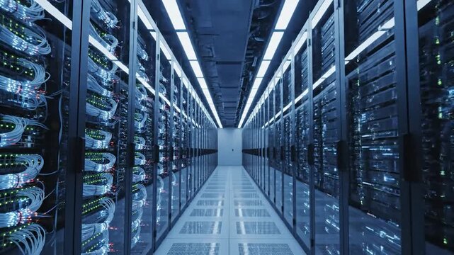 Rows of servers with glowing cables, creating a digital network aisle