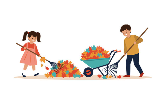 Boy and girl work together in autumn raking colorful fallen leaves into a blue wheelbarrow in a flat illustration style.