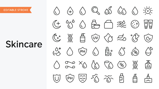 A comprehensive collection of 50 editable stroke thin line icons representing skincare, beauty, cosmetics, dermatology, and health routines for modern graphic design