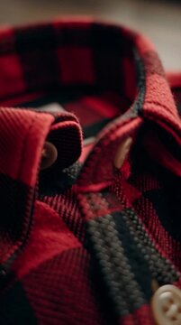 Extreme close up texture of red and black lumberjack plaid flannel shirt fabric with buttons