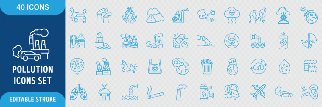 Pollution Editable Icons Set. Contains air pollution, water pollution, microplastics, trash, gas, toxic elements, industrial waste, climate change symbols, and ecological and more. editable eps