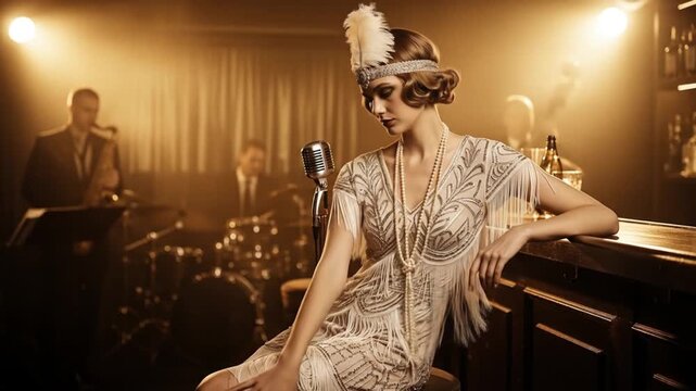Glamorous 1920s Flapper Singer Performing in a Speakeasy with Live Jazz Band.