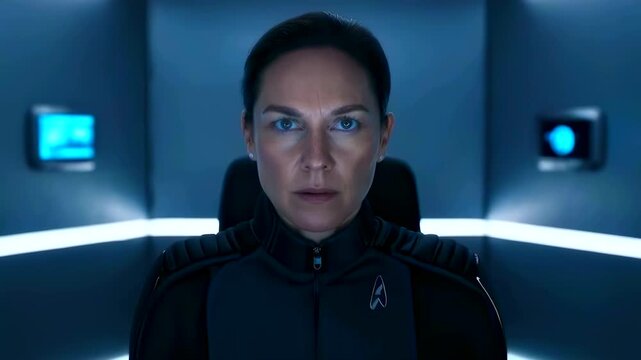 woman at starship helm executing tactical navigation with glowing HUD projection, intense focused gaze, command console lights, officer posture, mission control environment,