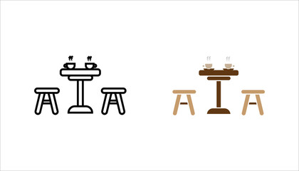 Line icon set showing a cafe table with chairs and cups, symbolizing coffee shop, restaurant seating, and dining environment.