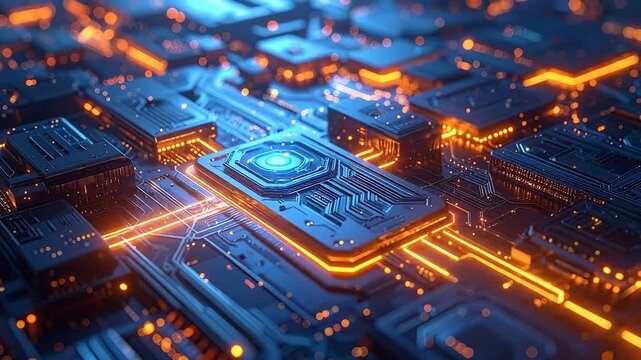 Futuristic technology background with glowing circuits and intricate motherboard components, showcasing innovation.