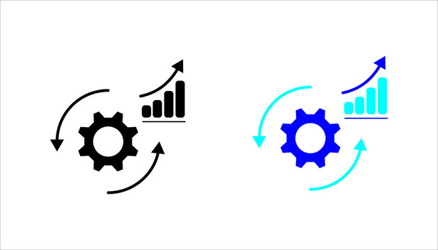 Line icon illustrating business process optimization, automation, and performance growth with a gear, arrows, and upward chart. Suitable for analytics, workflow, strategy, and digital transformation c