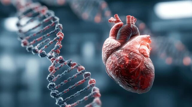 Realistic human heart floating near double helix DNA strand laboratory setting anatomical organ texture and cardiovascular molecular structure conveying genetic research, medical innovation