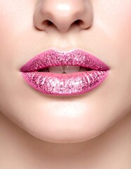 Fototapeta premium Close-up lips with bright pink glitter lipstick, pale skin, and gentle facial features