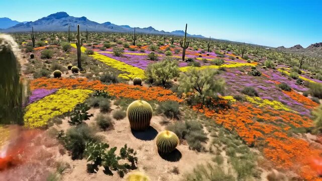 Sweeping drone aerial perspective flying slowly over a massive geometric field of blooming desert flowers and scattered sharp cacti at noon flying, landscape, patterns