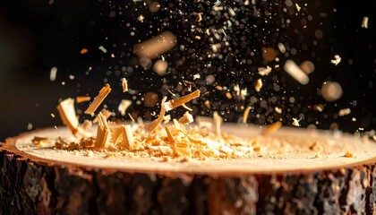 Wooden cross-section with sawdust flying in air, against dark backdrop