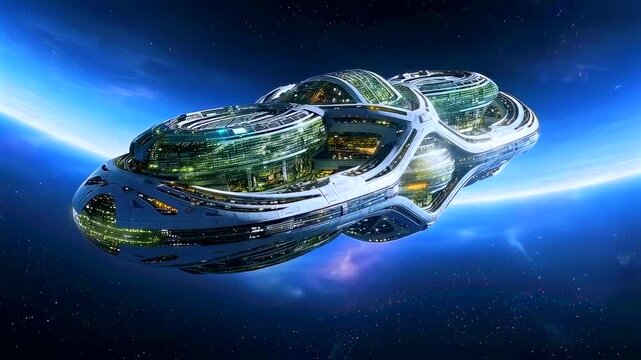 luxury orbital cruiser above blue planet, biome domes and illuminated promenades visible, reflective hull gliding through orbit, sustainable colony design and serene exploration atmosphere