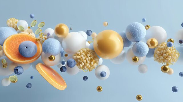 Healthy aging and nutritional support concept art, abstract micronutrient and cellular interaction imagery symbolizing longevity, elegant minimal design, reassuring scientific tone