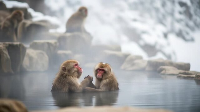 Japanese Macaques Enjoying a Hot Spring in Winter.