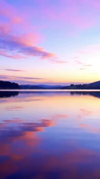 Vibrant Water Reflections An immersive, locked camera shot focusing on the mirror-like quality of the lake, where the reflections of the sky's vivid pastel colors create a dynamic yet serene scene.