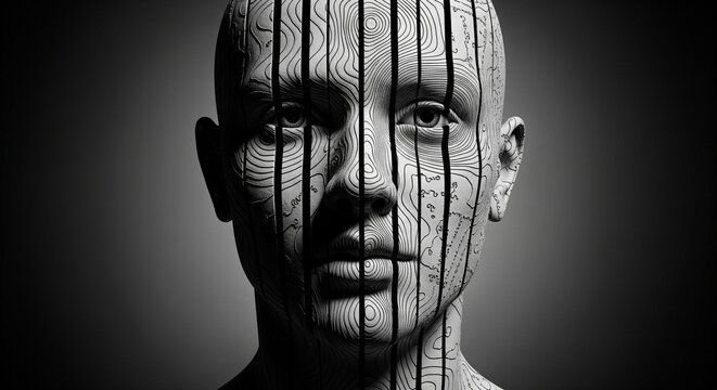 Abstract human face art with geometric lines and intricate textures, conceptual representation of identity and perception