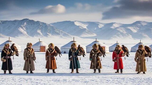 Mongolian eagle hunters stand in the snow with their birds.