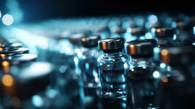Sterile medical vials arranged rows reflective surface with clear liquid and dramatic blue bokeh lighting conveying precision clinical atmosphere for pharmaceutical vaccine laboratory glass sterile