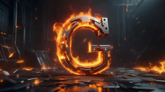 A glowing metal letter G burns intensely surrounded by vibrant orange flames on a dark surface