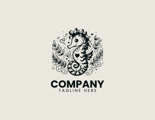 Cute seahorse illustration shows heart shaped detail with romantic tattoo style design