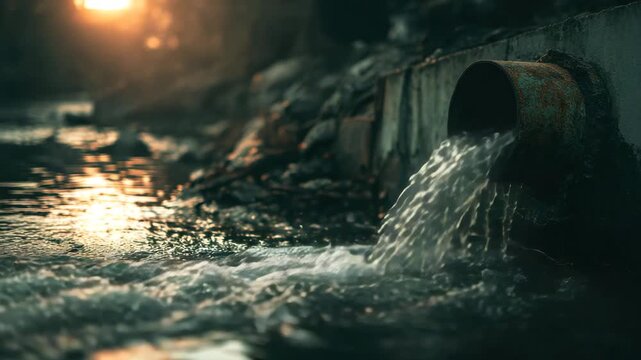 Rusty drainpipe water flowing into river sunset pollution runoff concrete embankment rusty pipe pouring polluted water into murky urban stream wet concrete bank reflective ripples flowing water moody