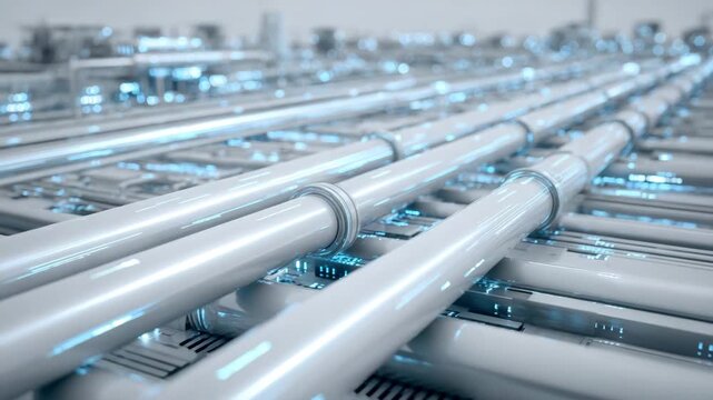 High tech pipeline of glossy metallic pipes and illuminated circuit pathways conveying futuristic data network technology with sleek blue light connectors and seamless conduit tubing for advanced
