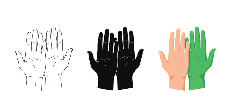 Hands Vector Set in Three Styles &mdash; Line Art, Silhouette and Color Version for Islamic Design, App UI, Posters and Branding