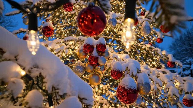 Sweeping camera dolly movement slowly traveling through the dense, snow-covered branches of a beautifully decorated outdoor pine Christmas tree during twilight twilight, nature, slowly