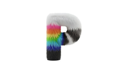 A fluffy letter "P" isolated against black. The fur features vibrant rainbow colors blending into grayscale. A unique 3D render