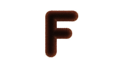 A fluffy, brown letter "F" stands isolated against a black backdrop, composed of simulated fur texture. The letter has a white outline