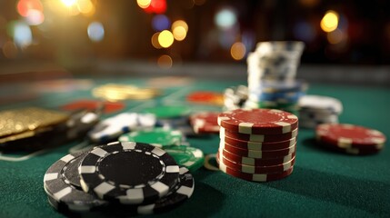A close-up of colorful poker chips stacked on a green felt table, with blurred lights in the background, creating a vibrant casino atmosphere.