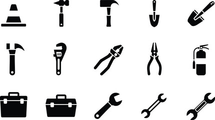 Obraz premium Construction tools silhouette vector set with hammer wrench pliers shovel toolbox safety equipment icons isolated on white background illustration