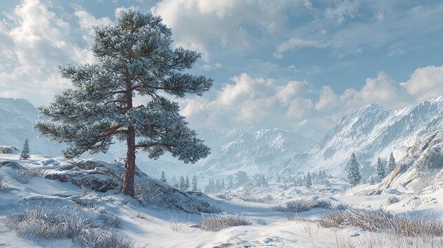 A winter landscape with a snowy tree and mountains in the distance, a serene winter scene 