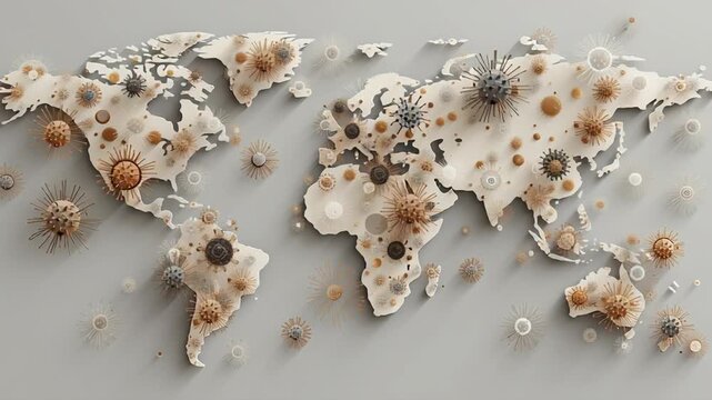 Global infectious outbreak coverage illustration, abstract world map shapes merged with virus visuals, neutral color palette, clean modern news design, informative and professional tone
