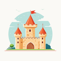 Fototapeta premium Château médiéval cartoon avec tours et drapeaux dans un paysage coloré