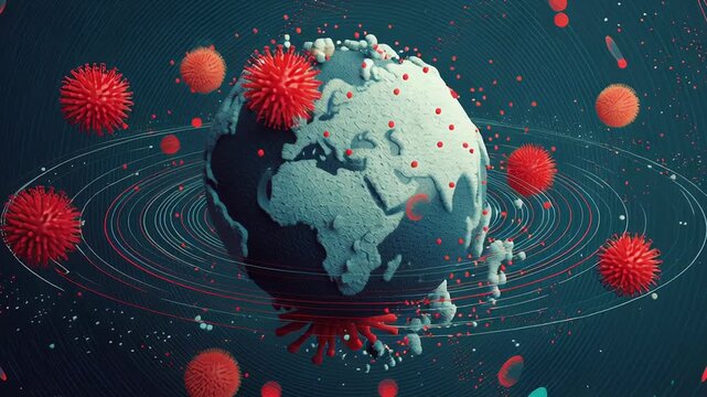 Global infectious risk illustration, abstract planet form surrounded by virus elements and monitoring indicators, calm yet urgent mood, editorial science visualization style, suitable for commercial 