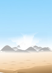 Minimalist desert landscape illustration featuring soft sand dunes, distant mountain silhouettes, and a bright blue sky with glowing sunlight. Calm natural scenery with warm earth tones and clean grad