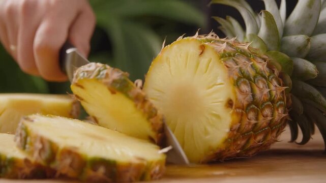 A hand uses a knife to slice a fresh yellow pineapple into pieces on a wooden cutting board