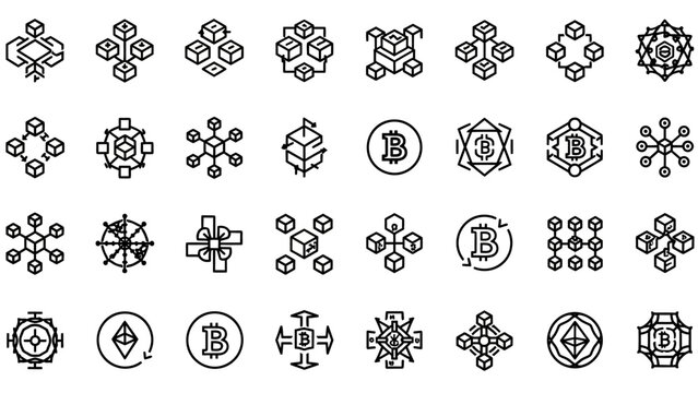Collection of Bitcoin cryptocurrency logos and symbols.