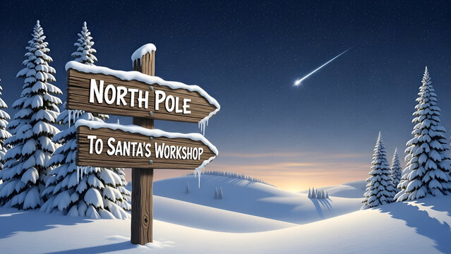 Winter night at the north pole with directions to santa's workshop