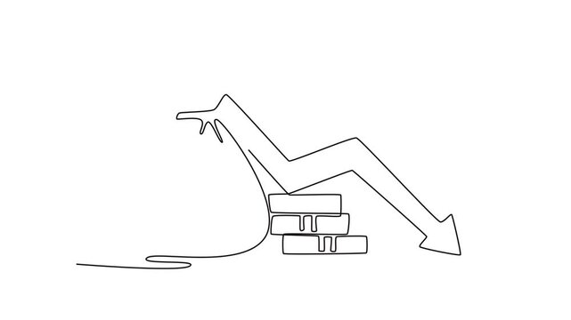 negative financial stocks drop down as economic crisis fall and money income. Profit and lost investment concept. Single line draw design. Full length animation illustration. High quality 4k footage