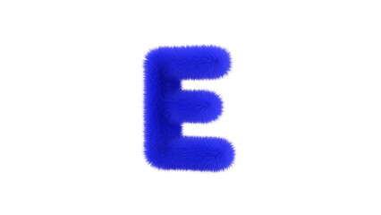 A vibrant blue, fluffy letter "E" isolated on a stark black background. The fur-like texture gives a soft, playful feel