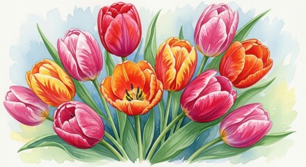 Fototapeta premium Vibrant bouquet of pink orange tulips with green leaves against soft blue background in beautiful watercolor floral artwork illustration.