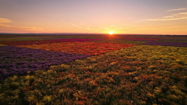 Sweeping aerial drone shot panning over a massive patchwork field of dense multicolored wildflowers extending toward a distant horizon at sunset gigantic, environment, vista